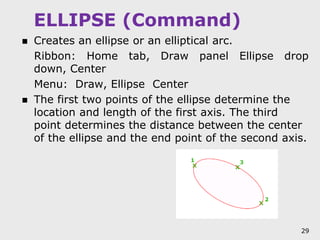 ELLIPSE (Command)
 Creates an ellipse or an elliptical arc.
Ribbon: Home tab, Draw panel Ellipse drop
down, Center
Menu: ...
