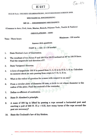 Me 25 engineering mechanics anna university november december 2009 ...