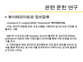 결과 및 토론  - 트위터와미투데이의 의미론적 구조  - 커뮤니케이션 방식의 차별성-질적 분석  - 종단적 연구를 통한 의사소통방식의 구조화    - 정보확산 네트워크 결론 및 논의 관련 문헌 연구선행 연구마이크로블로깅에대한 연구 사용자들의 프로파일링과 기존의 온라인 미디어 사용자들과의 비교와 같은 기초연구          (Huges & Palen, 2009; Java, Finin, Song, & Tseng, 2007) 