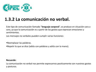 1.3.2 La comunicación no verbal.
Este tipo de comunicación llamado “lenguaje corporal”, se produce en situación cara a
cara, ya que la comunicación es a partir de los gestos que expresan emociones y
sentimientos.
Los mensajes no verbales pueden cumplir varias funciones:
Reemplazar las palabras.
Repetir lo que se dice (adiós con palabras y adiós con la mano).
Recuerde:
La comunicación no verbal nos permite expresarnos positivamente con nuestros gestos
y posturas.
 