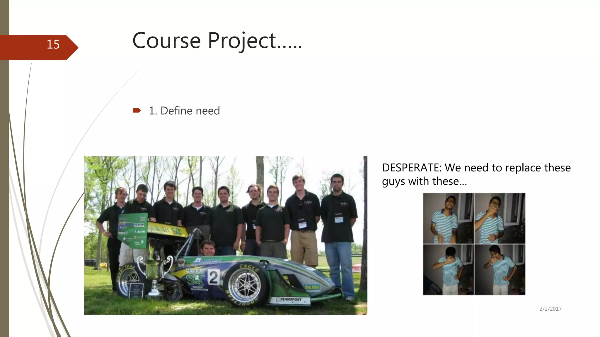 Course Project…..
 1. Define need
2/2/2017Spring 312 ( Cpoyrights Bilal Siddiqui 2015
15
DESPERATE: We need to replace these
guys with these…
 