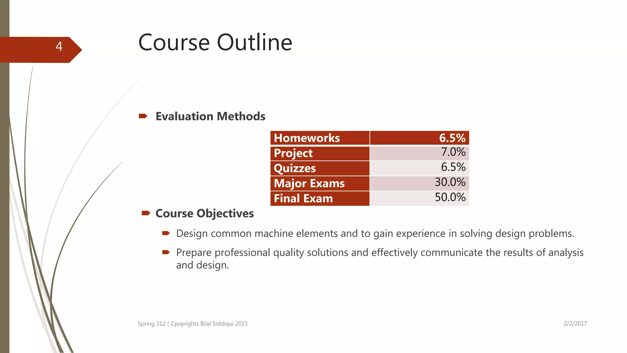 Course Outline
 Evaluation Methods
 Course Objectives
 Design common machine elements and to gain experience in solving design problems.
 Prepare professional quality solutions and effectively communicate the results of analysis
and design.
2/2/2017Spring 312 ( Cpoyrights Bilal Siddiqui 2015
4
Homeworks 6.5%
Project 7.0%
Quizzes 6.5%
Major Exams 30.0%
Final Exam 50.0%
 