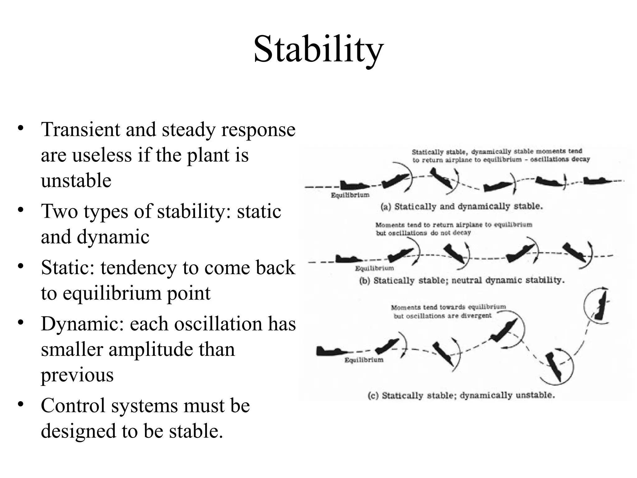 Stability
• Transient and steady response
are useless if the plant is
unstable
• Two types of stability: static
and dynamic
• Static: tendency to come back
to equilibrium point
• Dynamic: each oscillation has
smaller amplitude than
previous
• Control systems must be
designed to be stable.
 