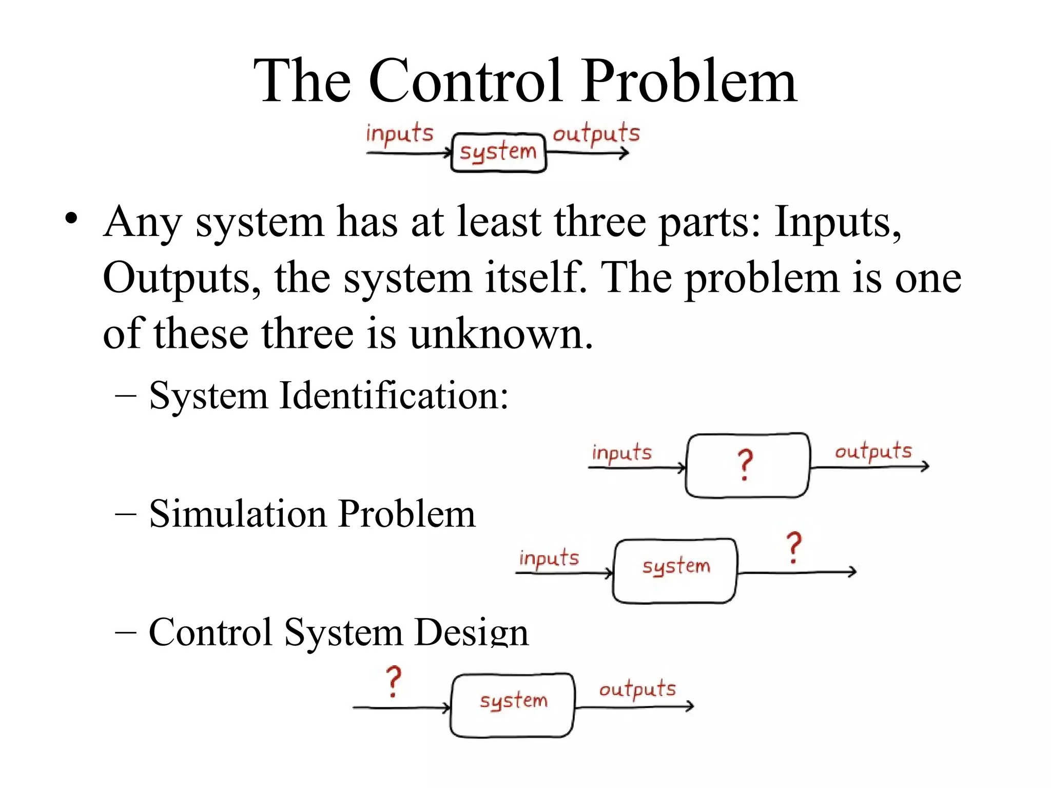 The Control Problem
• Any system has at least three parts: Inputs,
Outputs, the system itself. The problem is one
of these three is unknown.
– System Identification:
– Simulation Problem
– Control System Design
 