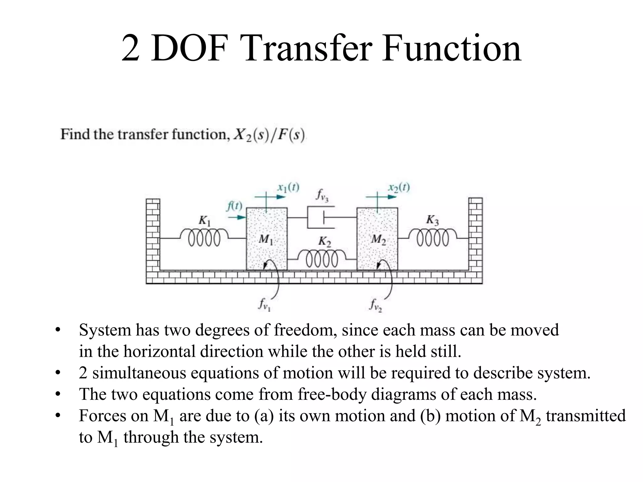 2 DOF Transfer Function
• System has two degrees of freedom, since each mass can be moved
in the horizontal direction while the other is held still.
• 2 simultaneous equations of motion will be required to describe system.
• The two equations come from free-body diagrams of each mass.
• Forces on M1 are due to (a) its own motion and (b) motion of M2 transmitted
to M1 through the system.
 