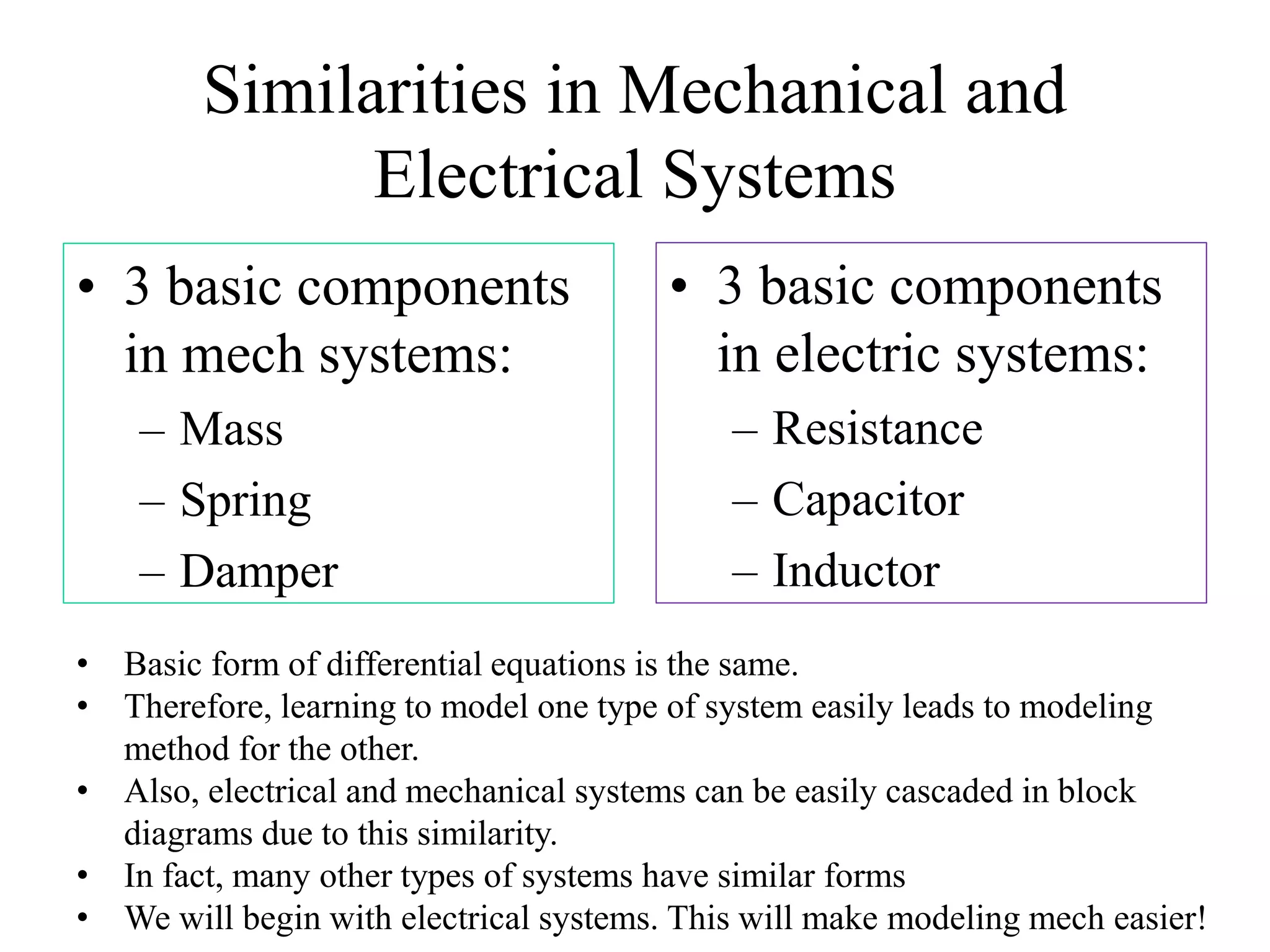 Similarities in Mechanical and
Electrical Systems
• 3 basic components
in mech systems:
– Mass
– Spring
– Damper
• 3 basic components
in electric systems:
– Resistance
– Capacitor
– Inductor
• Basic form of differential equations is the same.
• Therefore, learning to model one type of system easily leads to modeling
method for the other.
• Also, electrical and mechanical systems can be easily cascaded in block
diagrams due to this similarity.
• In fact, many other types of systems have similar forms
• We will begin with electrical systems. This will make modeling mech easier!
 