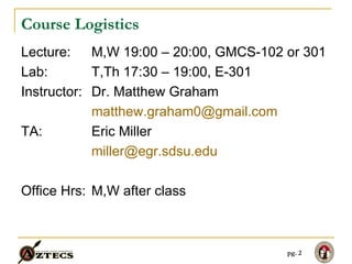 Course Logistics Lecture:  M,W 19:00 – 20:00, GMCS-102 or 301 Lab:  T,Th 17:30 – 19:00, E-301  Instructor:  Dr. Matthew Graham [email_address] TA: Eric Miller [email_address] Office Hrs: M,W after class 