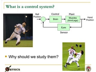 What is a control system? Why should we study them? Brain Muscles (Arm/Legs) Hand Position Ball Position Eyes - Control Plant Sensor 