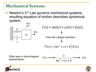 Mechanical Systems Newton’s 2 nd  Law governs mechanical systems, resulting equation of motion describes dynamical system. f(t) From the Laplace transform  F(s) X(s) Often seen in block-diagram representation 