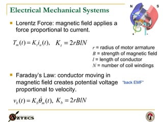 Electrical Mechanical Systems Lorentz Force: magnetic field applies a force proportional to current. r  = radius of motor armature B  = strength of magnetic field l  = length of conductor N  = number of coil windings Faraday’s Law: conductor moving in magnetic field creates potential voltage proportional to velocity. “ back EMF” 