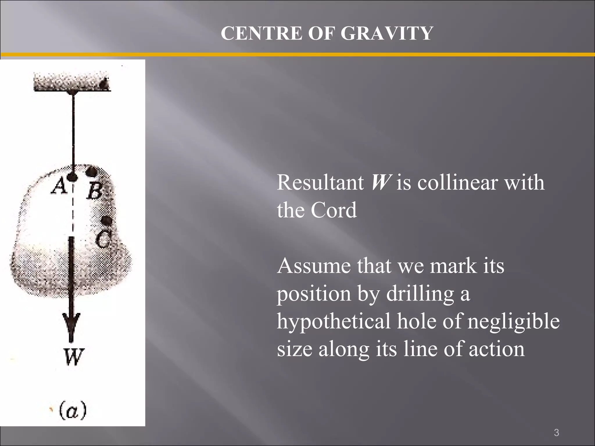 CENTRE OF GRAVITY 
Resultant W is collinear with 
the Cord 
Assume that we mark its 
position by drilling a 
hypothetical hole of negligible 
size along its line of action 
3 
 