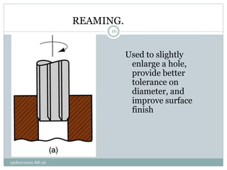 Used to slightly
enlarge a hole,
provide better
tolerance on
diameter, and
improve surface
finish
16
130810119021 ME 3A
REAMING.
 
