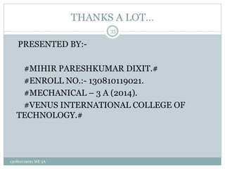 THANKS A LOT…
PRESENTED BY:-
#MIHIR PARESHKUMAR DIXIT.#
#ENROLL NO.:- 130810119021.
#MECHANICAL – 3 A (2014).
#VENUS INTERNATIONAL COLLEGE OF
TECHNOLOGY.#
35
130810119021 ME 3A
 