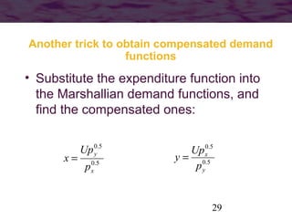 29
• Substitute the expenditure function into
the Marshallian demand functions, and
find the compensated ones:
5.0
5.0
x
y...