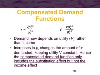 30
Compensated Demand
Functions
• Demand now depends on utility (V) rather
than income
• Increases in px changes the amoun...