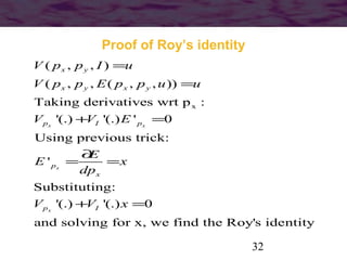 32
Proof of Roy’s identity
x
( , , )
( , , ( , , ))
Taking derivatives wrt p :
'(.) '(.) ' 0
Using previous trick:
'
Subst...