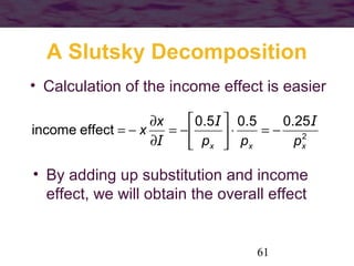 61
A Slutsky Decomposition
• Calculation of the income effect is easier
2
25.05.05.0
effectincome
xxx ppp
x
x
II
I
−=⋅

...