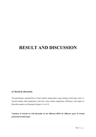 70 | P a g e
RESULT AND DISCUSSION
6.1 Result & discussion
The performance characteristics of heat transfer enhancement using rotating twisted tape insert i.e.
Nusselt number, bulk temperature, Heat flux, Inner surface temperature, Efficiency with respect to
Reynolds number are illustrated in figure 6.1 to 6.10.
Variation of Nusselt no with Reynolds no for different RPM for different types of twisted
perforated twisted tapes:
 