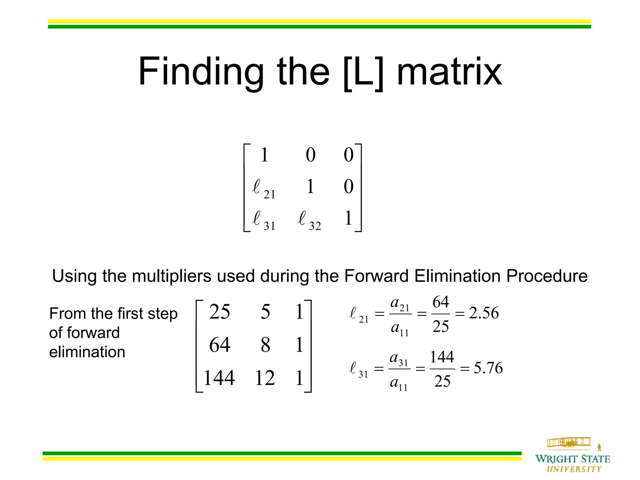 Finding the [L] matrix
Using the multipliers used during the Forward Elimination Procedure










1
01
001
3231
21


56.2
25
64
11
21
21 
a
a

76.5
25
144
11
31
31 
a
a

From the first step
of forward
elimination
112144
1864
1525










 