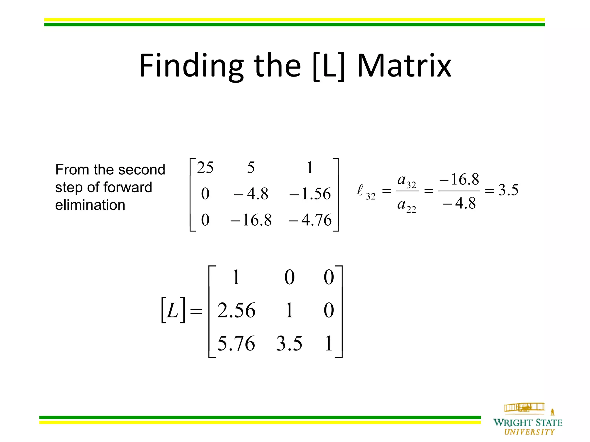 Finding the [L] Matrix
 











15.376.5
0156.2
001
L
From the second
step of forward
elimination












76.48.160
56.18.40
1525
5.3
8.4
8.16
22
32
32 



a
a

 
