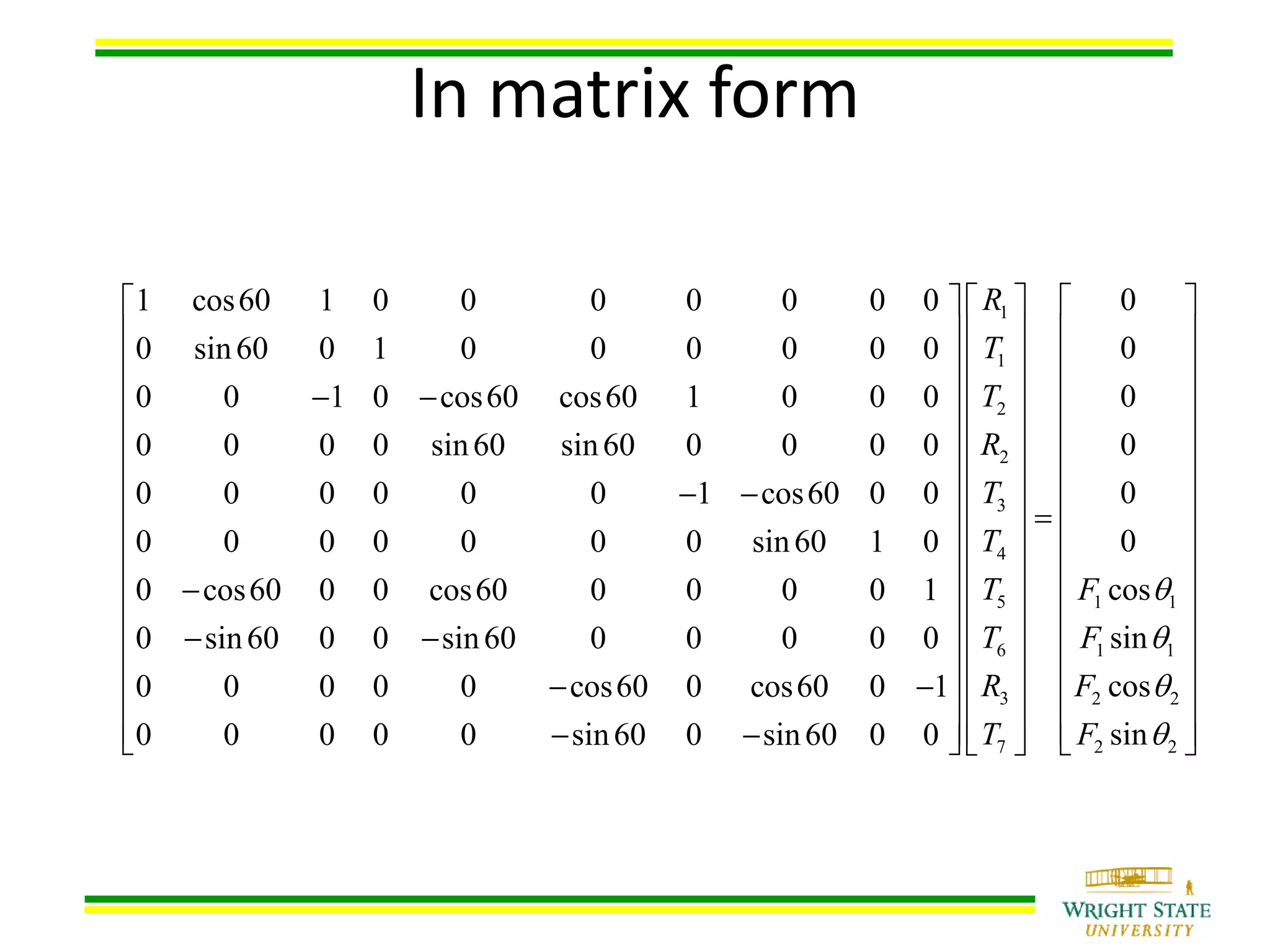 In matrix form
1 cos60 1 0 0 0 0 0 0 0
0 sin60 0 1 0 0 0 0 0 0
0 0 1 0 cos60 cos60 1 0 0 0
0 0 0 0 sin60 sin60 0 0 0 0
0 0 0 0 0 0 1 cos60 0 0
0 0 0 0 0 0 0 sin60 1 0
0 cos60 0 0 cos60 0 0 0 0 1
0 sin60 0 0 sin60 0 0 0 0 0
0 0 0 0 0 cos60 0 cos60 0 1
0 0 0 0 0 sin60 0 sin60 0 0
 
 
 
  
 
 
  
 

 

 
  
   
1
1
2
2
3
4
5 1 1
6 1 1
3 2 2
7 2 2
0
0
0
0
0
0
cos
sin
cos
sin
R
T
T
R
T
T
T F
T F
R F
T F




   
   
   
   
   
   
   
    
   
   
   
   
   
   
      
 