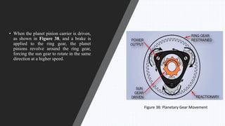 • When the planet pinion carrier is driven,
as shown in Figure 38, and a brake is
applied to the ring gear, the planet
pinions revolve around the ring gear,
forcing the sun gear to rotate in the same
direction at a higher speed.
Figure 38: Planetary Gear Movement
 
