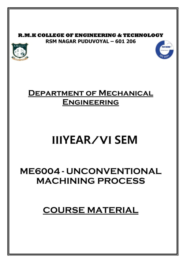 ME6004 Unconventional Machining Processes PDF