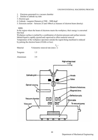UNCONVENTIONAL MACHINING PROCESS
44
Department of Mechanical Engineering
1. Electrons generated in a vacuum chamber
2. Similar to cathode ray tube
3. Electron gun
4. Cathode - tungsten filament at 2500 – 3000 degC
5. Emission current – between 25 and 100mA (a measure of electron beam density)
MRR:
In the region where the beam of electrons meets the workpiece, their energy is converted
Into heat
Workpiece surface is melted by a combination of electron pressure and surface tension
Melted liquid is rapidly ejected and vaporized to effect material removal
Temperature of the workpiece specimen outside the region being machined is reduced
by pulsing the electron beam (10 kHz or less)
3 -
1
Material Volumetric removal rate (mm s )
Tungsten 1.5
Aluminium 3.9
 