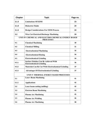 Chapter Topic Page no.
3.1.3 Limitations Of EDM 23
3.1.4 Dielectric Fluids 24
3.1.5 Design Considerations For EDM Process 24
3.2 Wire Cut Electrical Discharge Machining 24
UNIT-IV CHEMICAL AND ELECTRO CHEMICAL ENERGY BASED
PROCESSES
4.1 Chemical Machining 30
4.2 Chemical Milling 31
4.3 Electrochemical Machining 32
4.4 Electrochemical Honing 34
4.5 Electrochemical Grinding 34
4.5.1
Surface Finishes Can Be Achieved With
Electrochemical Grinding
36
4.5.2 Materials Can Be Cut With Electrochemical Grinding 37
4.5.3 Advantages Of Electrochemical Grinding 37
UNIT-V THERMAL ENERGY BASED PROCESSES
5.1 Laser–Beam Machining 41
5.1.1 Applications 42
5.2 Laser beam cutting (milling) 42
5.3 Electron Beam Machining 43
5.4 Plasma Arc Machining 45
5.5 Plasma Arc Welding 46
5.6 Plasma Arc Machining 48
 