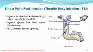 Single Point Fuel Injection (Throttle Body Injection - TBI)
 Injector located inside throttle body,
sits on top of inlet manifold.
 Injector sprays fuel from above
throttle valve.
 ECU controls injector opening.
26 December 2017 ME6016 ADVANCED I.C ENGINES 24
Fuel in
Air in
Throttle valve
Injector
Inlet manifold
Throttle body
 