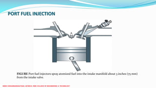 PORT FUEL INJECTION
FIGURE Port fuel injectors spray atomized fuel into the intake manifold about 3 inches (75 mm)
from the intake valve.
 