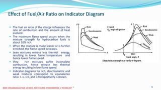 Effect of Fuel/Air Ratio on Indicator Diagram
 The fuel air ratio of the charge influences the
rate of combustion and the amount of heat
evolved.
 The maximum flame speed occurs when the
mixture strength for hydrocarbon fuels is
about 10% rich.
 When the mixture is made leaner or is further
enriched, the flame speed deceases.
 Lean mixtures release less thermal energy,
resulting in lower flame temperature and
hence lower flame speed.
 Very rich mixtures suffer incomplete
combustion, hence release less thermal
energy resulting in low flame speed.
 Indicator diagrams for rich, stoichiometric and
weak mixtures correspond to equivalence
ratio 1.1, 1.0, and 0.9 respectively is shown.
26 December 2017 ME6016 ADVANCED I.C ENGINES 70
 