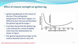 Effect of mixture strength on ignition lag
 Ignition lag depends on the nature of
the fuel. If the self-ignition
temperature of the fuel is higher, it is
difficult to burn the fuel and therefore
the ignition lag will be longer. I
 t has been found that the ignition lag
is the shortest for a mixture slightly
richer than the stoichiometric as
shown in Figure.
 The ignition lag becomes longer as the
mixture becomes lean or very rich.
26 December 2017 ME6016 ADVANCED I.C ENGINES 72
 