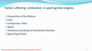 Factors affecting combustion in spark-ignition engines
 Composition of the Mixture
 Load
 Compression Ratio
 Speed
 Turbulence and Shape of Combustion Chamber
 Spark Plug Position
26 December 2017 ME6016 ADVANCED I.C ENGINES 74
 