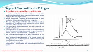 Stages of Combustion in a CI Engine
 Rapid or uncontrolled combustion
 In this phase, combustion of the fuel, which has mixed with air to
within flammability limits during the ignition delay period, occurs
rapidly in a few crank angle degrees.
 Ignition in one place is followed by ignition elsewhere, so rapid
combustion of the prepared fuel follows the first ignition.
 The rate and quantity of combustion in the second phase is thus
dependent on the duration of the delay period and the rate of
preparation of fuel during this period.
 The speed of this reaction determines the rate of pressure rise
(dp/dϴ) in the cylinder.
 The magnitude of the pressure rise during the second period may
determine the value of the peak pressure of the cycle. For structural
reasons, to reduce mechanical stresses it is important to
 limit the peak pressure as well as the rate of pressure rise. As the
peak pressure increases, the peak temperature also increases,
which increases (a) the NOx emission, (b) the thermal loads on the
cooling system, and (c) the temperature and thermal stressing of
the combustion chamber walls.
 Therefore, to limit the pressure and temperature rise during the
second period, it is important to keep the delay period as short as
possible.
26 December 2017 ME 6016 ADVANCED IC ENGINES 22
 