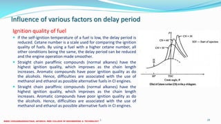 Influence of various factors on delay period
Ignition quality of fuel
 If the self-ignition temperature of a fuel is low, the delay period is
reduced. Cetane number is a scale used for comparing the ignition
quality of fuels. By using a fuel with a higher cetane number, all
other conditions being the same, the delay period can be reduced
and the engine operation made smoother.
 Straight chain paraffinic compounds (normal alkanes) have the
highest ignition quality, which improves as the chain length
increases. Aromatic compounds have poor ignition quality as do
the alcohols. Hence, difficulties are associated with the use of
methanol and ethanol as possible alternative fuels in CI engines.
 Straight chain paraffinic compounds (normal alkanes) have the
highest ignition quality, which improves as the chain length
increases. Aromatic compounds have poor ignition quality as do
the alcohols. Hence, difficulties are associated with the use of
methanol and ethanol as possible alternative fuels in CI engines.
26 December 2017 ME 6016 ADVANCED IC ENGINES 29
 