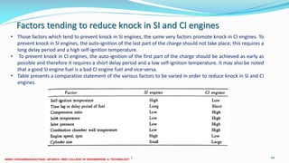 Factors tending to reduce knock in SI and Cl engines
26 December 2017 ME 6016 ADVANCED IC ENGINES 44
• Those factors which tend to prevent knock in SI engines, the same very factors promote knock in CI engines. To
prevent knock in SI engines, the auto-ignition of the last part of the charge should not take place; this requires a
long delay period and a high self-ignition temperature.
• To prevent knock in CI engines, the auto-ignition of the first part of the charge should be achieved as early as
possible and therefore it requires a short delay period and a low self-ignition temperature. It may also be noted
that a good SI engine fuel is a bad CI engine fuel and vice-versa.
• Table presents a comparative statement of the various factors to be varied in order to reduce knock in SI and CI
engines.
 