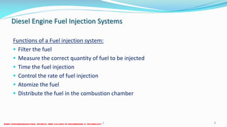 Diesel Engine Fuel Injection Systems
Functions of a Fuel injection system:
 Filter the fuel
 Measure the correct quantity of fuel to be injected
 Time the fuel injection
 Control the rate of fuel injection
 Atomize the fuel
 Distribute the fuel in the combustion chamber
26 December 2017 5ME 6016 ADVANCED IC ENGINES
 