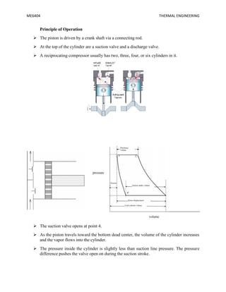 ME6404 THERMAL ENGINEERING
Principle of Operation
 The piston is driven by a crank shaft via a connecting rod.
 At the top of the cylinder are a suction valve and a discharge valve.
 A reciprocating compressor usually has two, three, four, or six cylinders in it.
 The suction valve opens at point 4.
 As the piston travels toward the bottom dead center, the volume of the cylinder increases
and the vapor flows into the cylinder.
 The pressure inside the cylinder is slightly less than suction line pressure. The pressure
difference pushes the valve open on during the suction stroke.
ME6404 THERMAL ENGINEERING
Principle of Operation
 The piston is driven by a crank shaft via a connecting rod.
 At the top of the cylinder are a suction valve and a discharge valve.
 A reciprocating compressor usually has two, three, four, or six cylinders in it.
 The suction valve opens at point 4.
 As the piston travels toward the bottom dead center, the volume of the cylinder increases
and the vapor flows into the cylinder.
 The pressure inside the cylinder is slightly less than suction line pressure. The pressure
difference pushes the valve open on during the suction stroke.
ME6404 THERMAL ENGINEERING
Principle of Operation
 The piston is driven by a crank shaft via a connecting rod.
 At the top of the cylinder are a suction valve and a discharge valve.
 A reciprocating compressor usually has two, three, four, or six cylinders in it.
 The suction valve opens at point 4.
 As the piston travels toward the bottom dead center, the volume of the cylinder increases
and the vapor flows into the cylinder.
 The pressure inside the cylinder is slightly less than suction line pressure. The pressure
difference pushes the valve open on during the suction stroke.
 