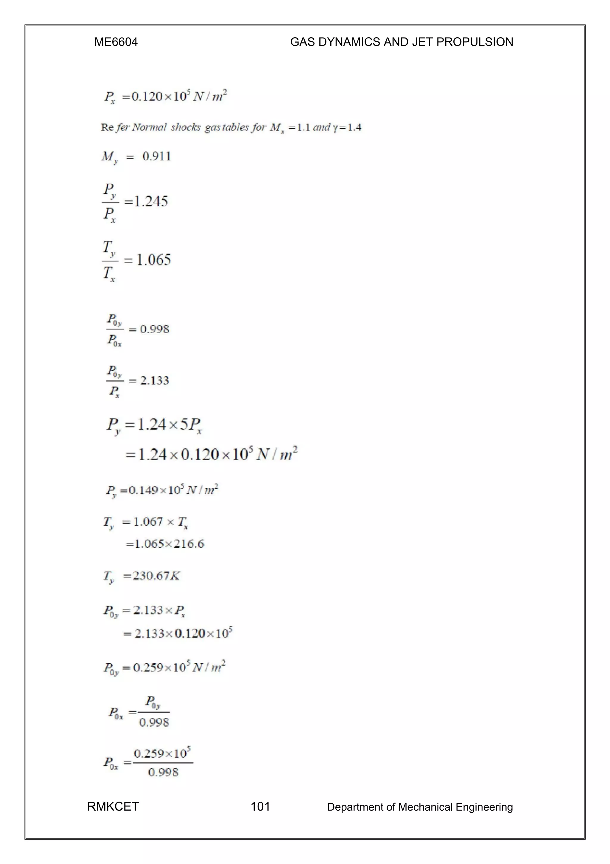 ME6604 GAS DYNAMICS AND JET PROPULSION
RMKCET 101 Department of Mechanical Engineering
 