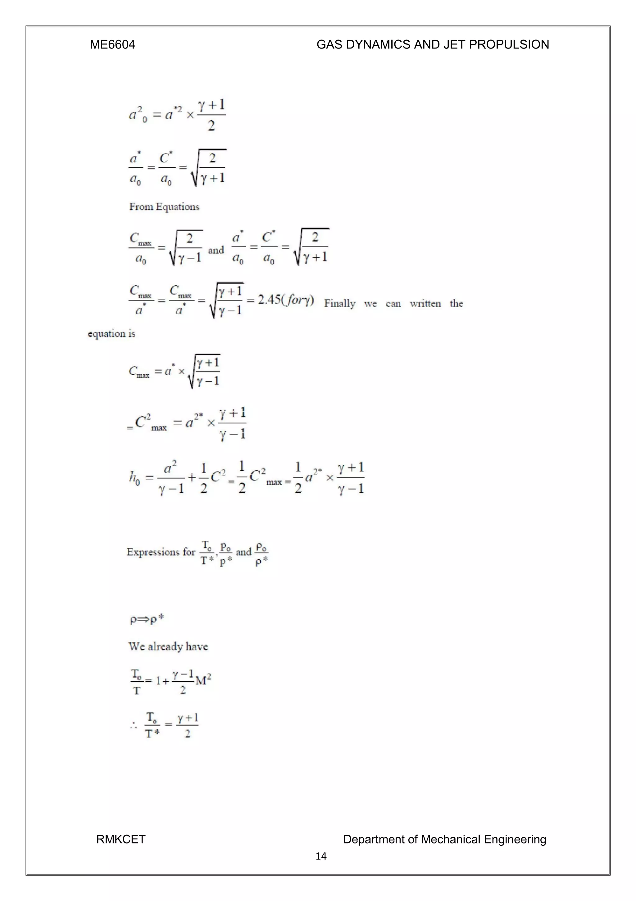 ME6604 GAS DYNAMICS AND JET PROPULSION
RMKCET Department of Mechanical Engineering
14
 