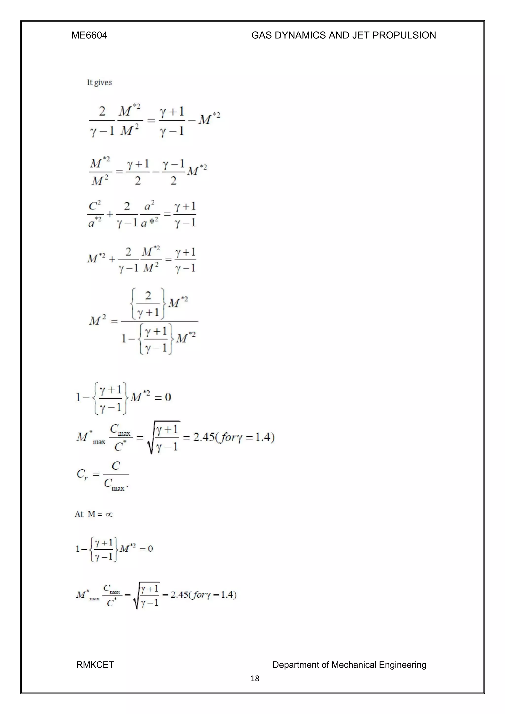 ME6604 GAS DYNAMICS AND JET PROPULSION
RMKCET Department of Mechanical Engineering
18
 