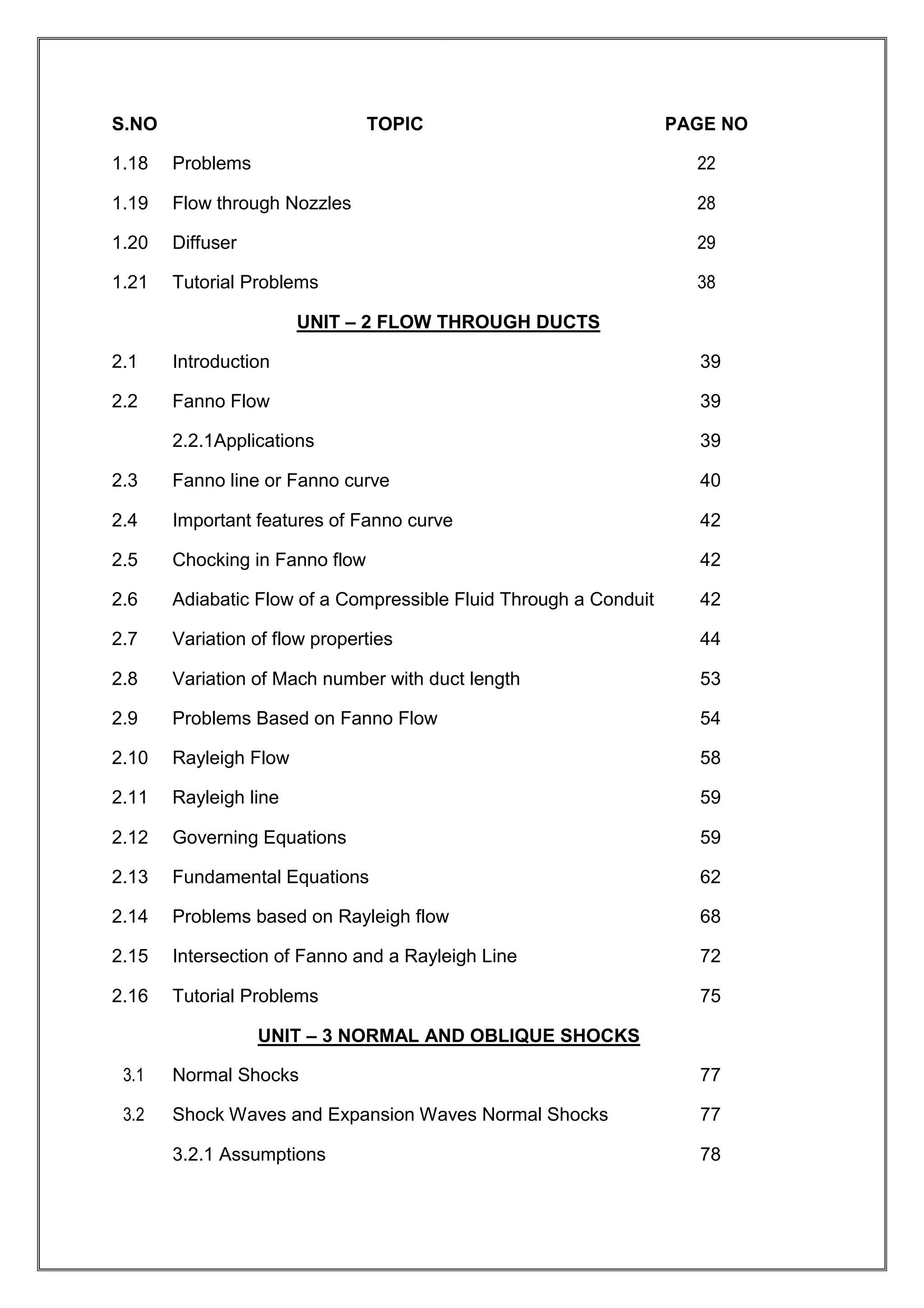 S.NO TOPIC PAGE NO
1.18 Problems 22
1.19 Flow through Nozzles 28
1.20 Diffuser 29
1.21 Tutorial Problems 38
UNIT – 2 FLOW THROUGH DUCTS
2.1 Introduction 39
2.2 Fanno Flow 39
2.2.1Applications 39
2.3 Fanno line or Fanno curve 40
2.4 Important features of Fanno curve 42
2.5 Chocking in Fanno flow 42
2.6 Adiabatic Flow of a Compressible Fluid Through a Conduit 42
2.7 Variation of flow properties 44
2.8 Variation of Mach number with duct length 53
2.9 Problems Based on Fanno Flow 54
2.10 Rayleigh Flow 58
2.11 Rayleigh line 59
2.12 Governing Equations 59
2.13 Fundamental Equations 62
2.14 Problems based on Rayleigh flow 68
2.15 Intersection of Fanno and a Rayleigh Line 72
2.16 Tutorial Problems 75
UNIT – 3 NORMAL AND OBLIQUE SHOCKS
3.1 Normal Shocks 77
3.2 Shock Waves and Expansion Waves Normal Shocks 77
3.2.1 Assumptions 78
 