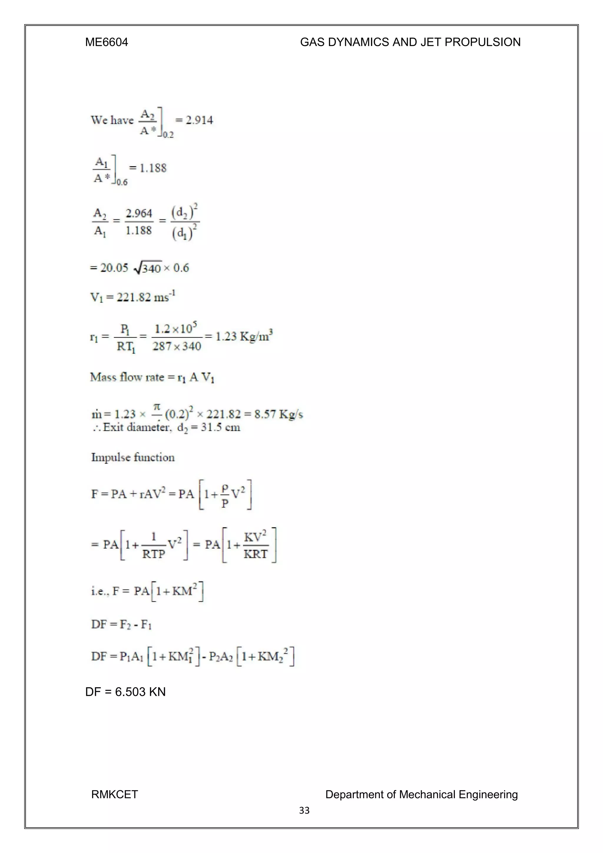 ME6604 GAS DYNAMICS AND JET PROPULSION
DF = 6.503 KN
RMKCET Department of Mechanical Engineering
33
 