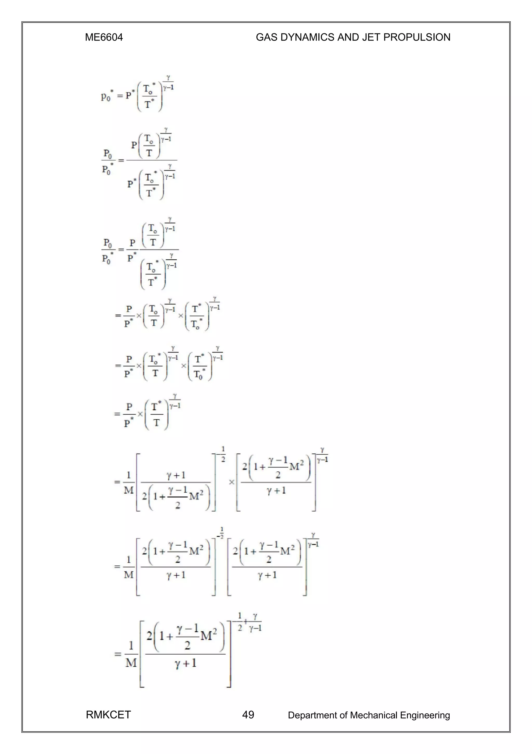 ME6604 GAS DYNAMICS AND JET PROPULSION
RMKCET 49 Department of Mechanical Engineering
 