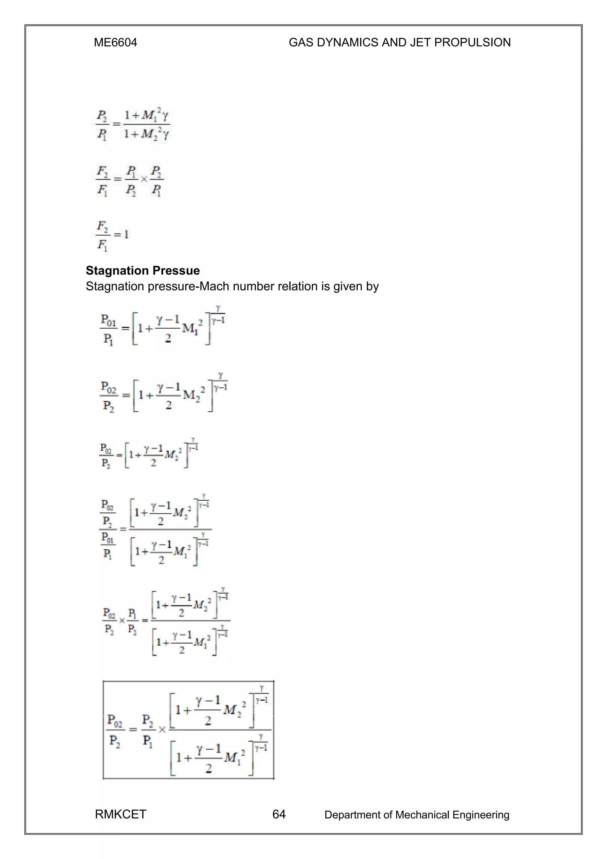ME6604 GAS DYNAMICS AND JET PROPULSION
Stagnation Pressue
Stagnation pressure-Mach number relation is given by
RMKCET 64 Department of Mechanical Engineering
 