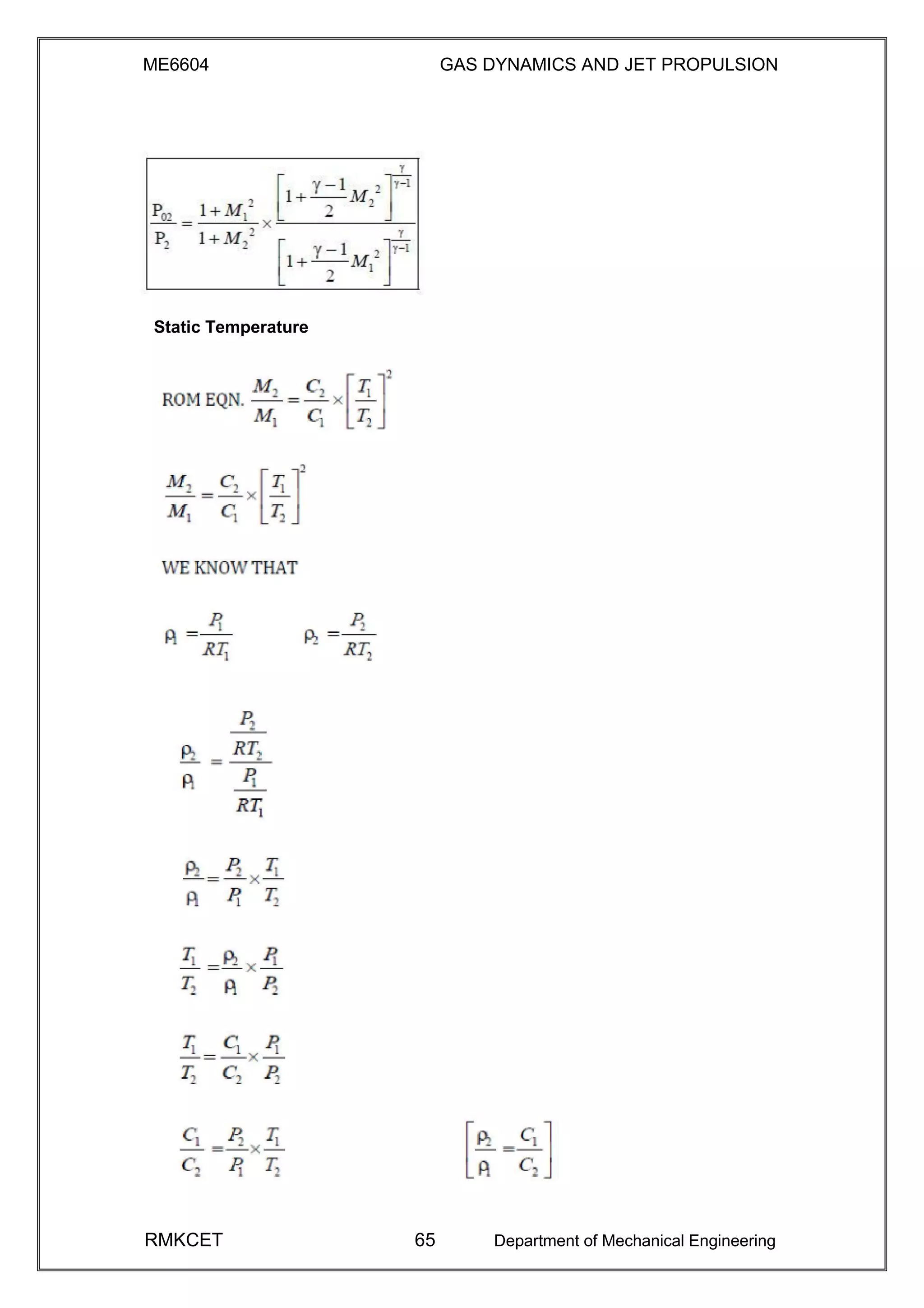 ME6604 GAS DYNAMICS AND JET PROPULSION
Static Temperature
RMKCET 65 Department of Mechanical Engineering
 