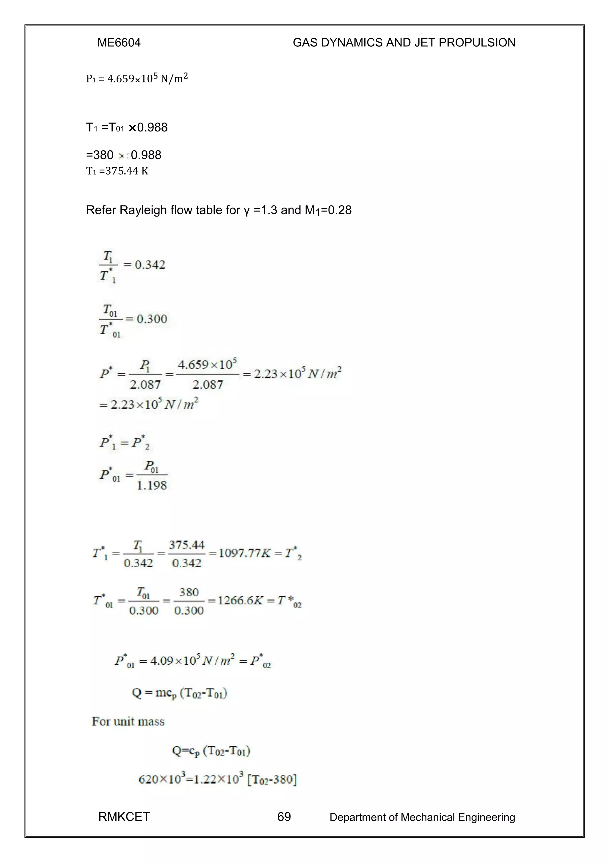 ME6604 GAS DYNAMICS AND JET PROPULSION
P1 = 4.659×105 N/m2
T1 =T01 ×0.988
=380 0.988
T1 =375.44 K
Refer Rayleigh flow table for γ =1.3 and M1=0.28
RMKCET 69 Department of Mechanical Engineering
 