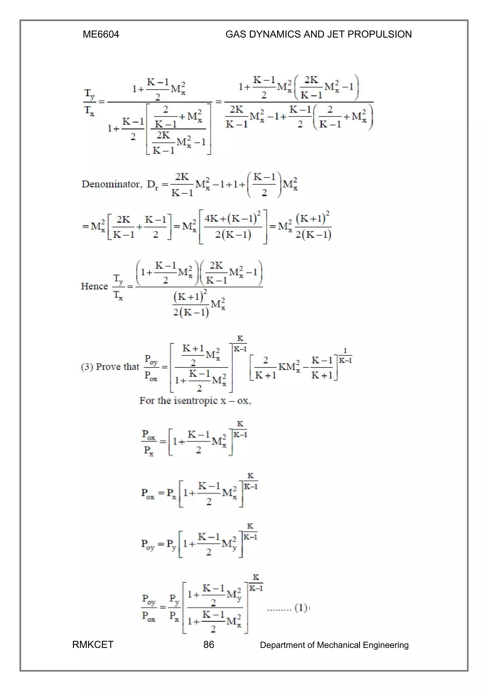 ME6604 GAS DYNAMICS AND JET PROPULSION
RMKCET 86 Department of Mechanical Engineering
 
