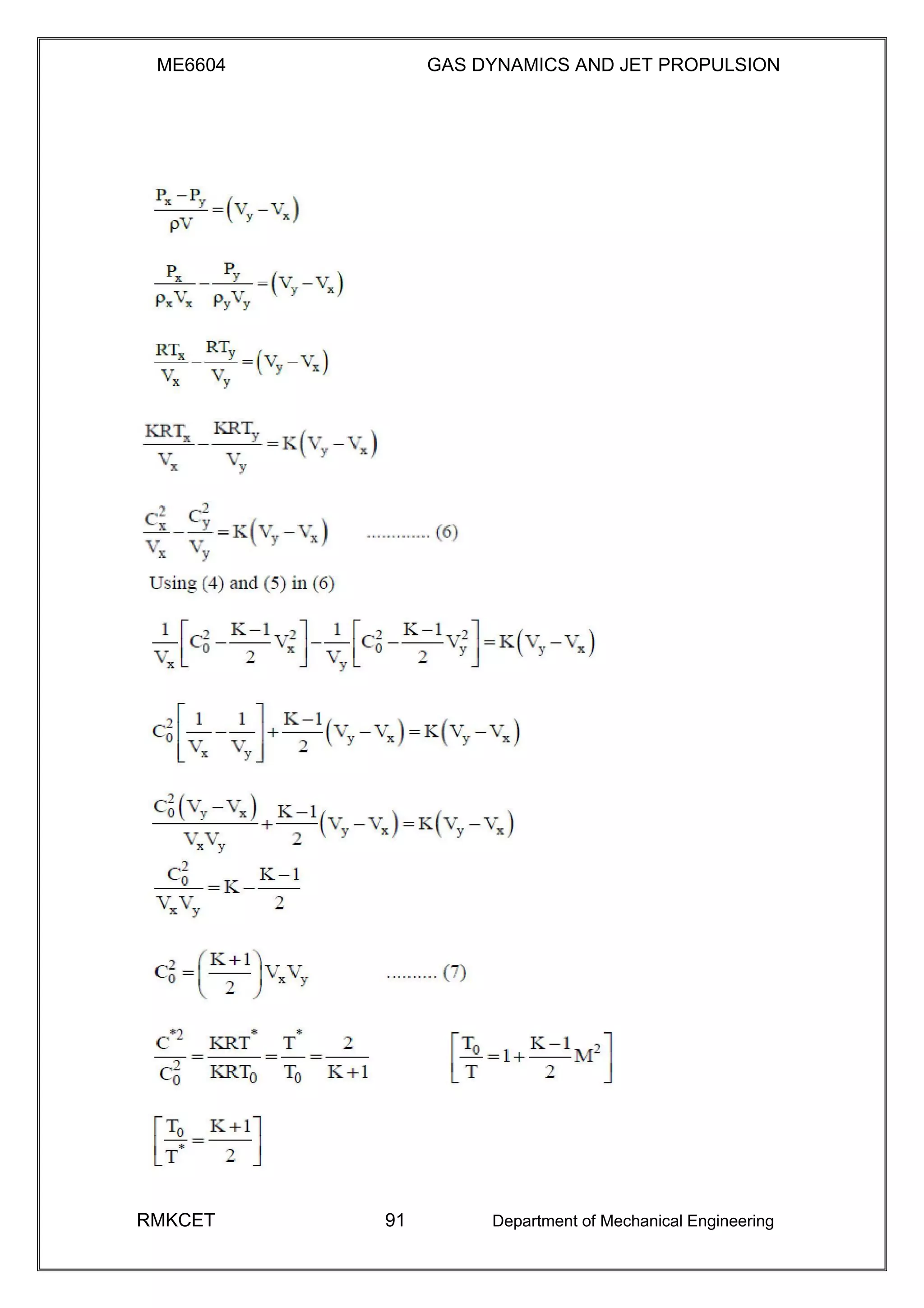ME6604 GAS DYNAMICS AND JET PROPULSION
RMKCET 91 Department of Mechanical Engineering
 